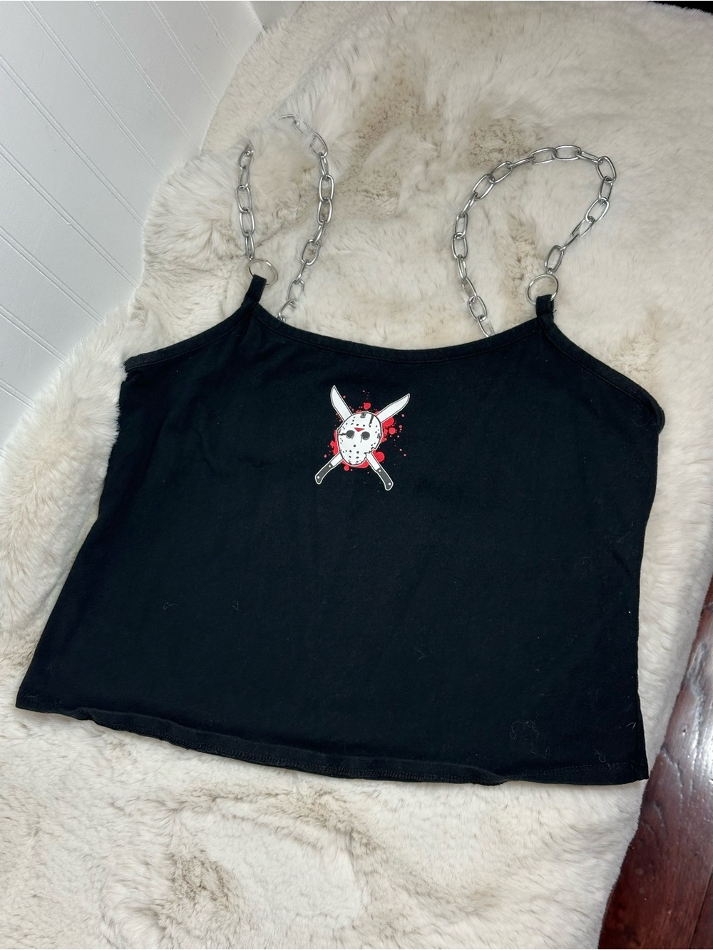 Hot Topic Friday the 13th Black Chain-Strap Graphic Crop Tank Top